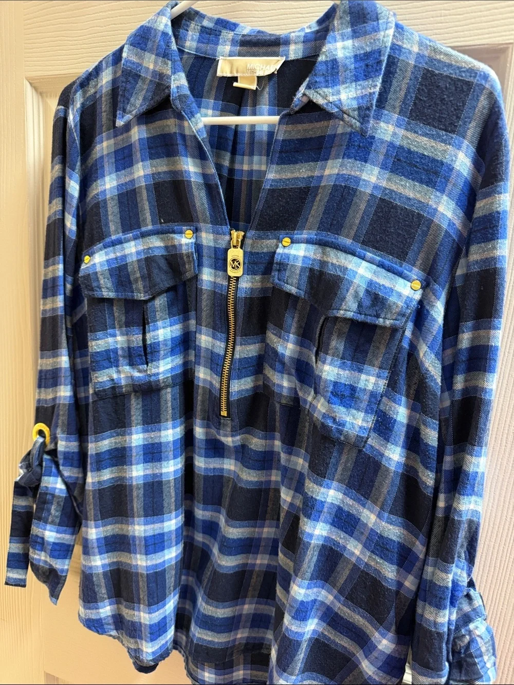 Michael Kors Navy and Light Blue Plaid Flannel 1/4 Zip-Front Shirt